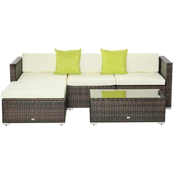 Brown rattan corner sofa set with cream cushions and lime green throw pillows