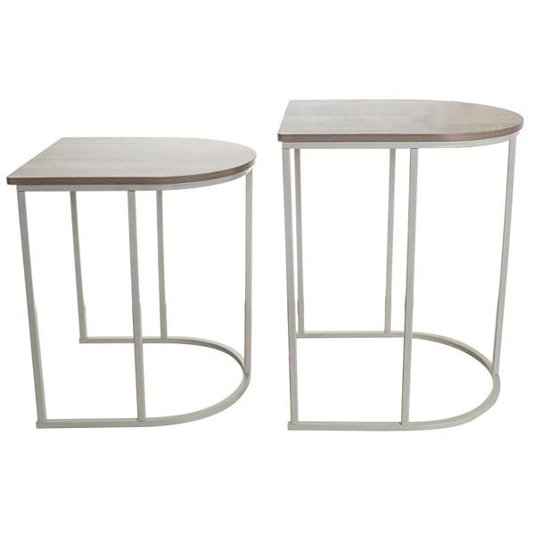 Gr8 Home Nest of 2 Coffee Table White Metal Wooden Woodgrain Side Tables Set Living Room