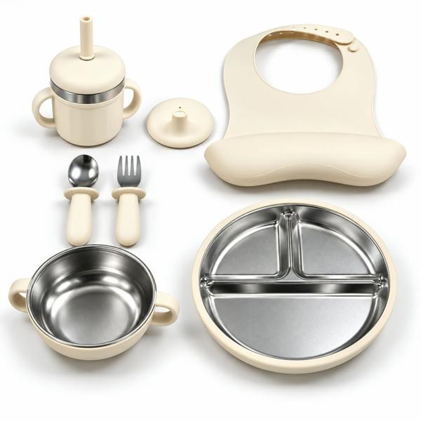 Maison des Cadeaux Set of 7 Baby Feeding & Weaning Set with Stainless Steel Plate, Bowl, Bib, Cup & Cutlery-Cream