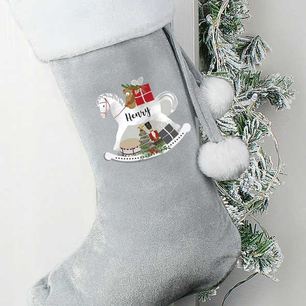 Personalised Memento Company Personalised Rocking Horse Luxury Silver Grey Stocking