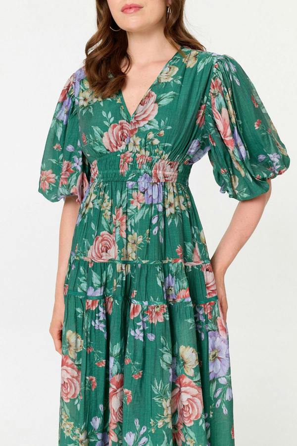 Green | Floral Puff 1/2 Sleeve Tiered Midi Dress
