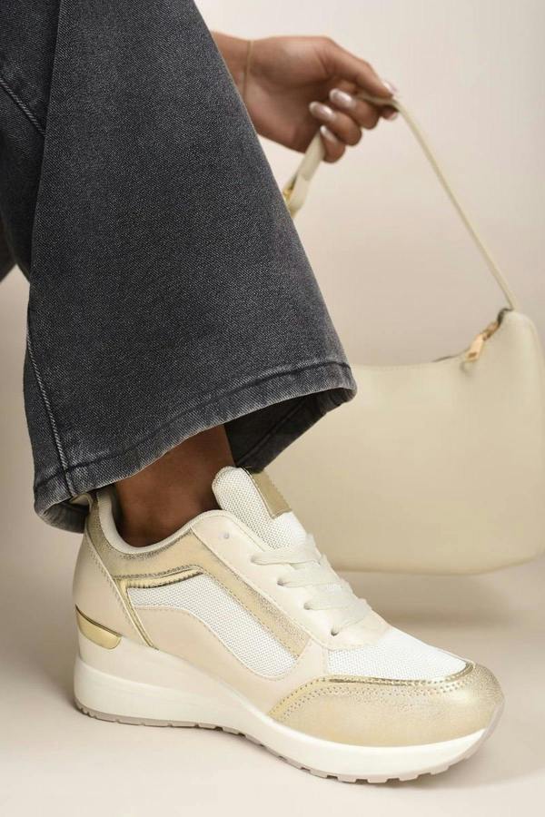Elira Zip Side Mesh Panel Wedge Trainers - Gold