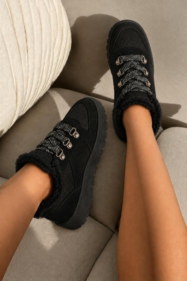 Love Lemonade Hudson Comfort Faux Suede Check Lace Faux Fur Lined Trainers Black