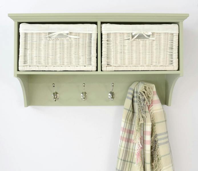 Statement Furniture Tetbury Hanging Shelf with 2 White Wicker Baskets. Wallmounted Coat Rack Assembled