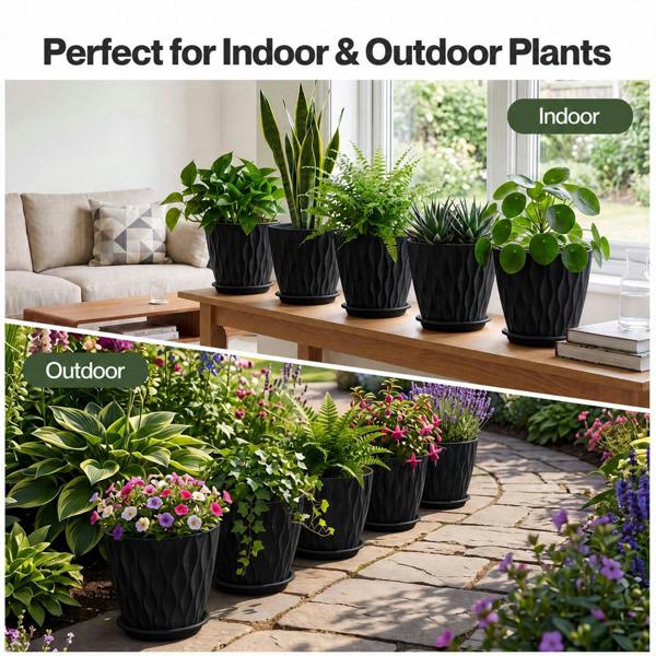 TOQUE Plant Pots 5Pc 20cm Plant Pots Indoor Drainage PP Plastic Black
