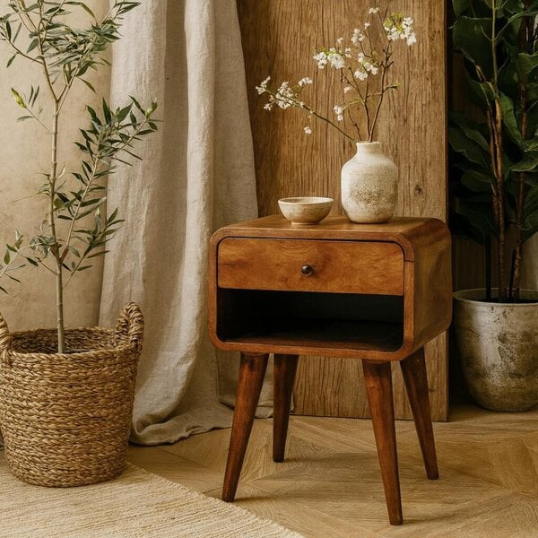 Wyld Haus Honfleur Curve Open Slot Chestnut Mango Wood Bedside Table Drawer and Shelf