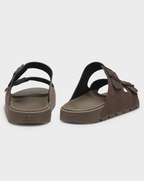 Pair of BOSS Orange Surfley Mens Twin-Strap Slides with Branded Buckles in Dark Brown 201  - Back