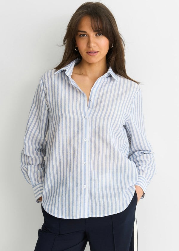 Gini London Blue Linen Oversized Stripe Shirt