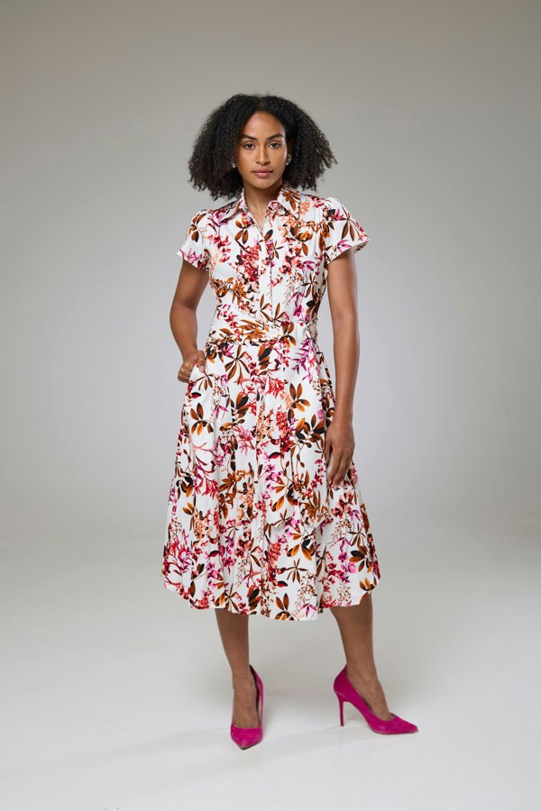 Isha's Timeless collection Blooming Pink Flora Short Sleeve Shirt Dress