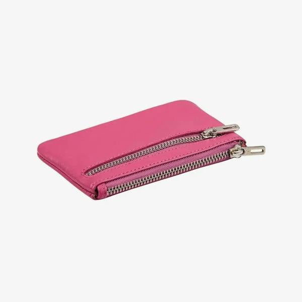 Pink leather coin purse for women with double zip closure