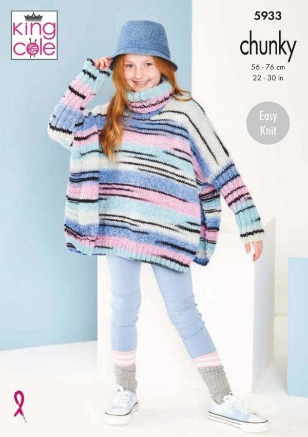 King Cole Safari Chunky Knitting Pattern 5933, Ponchos for Kids, 22 - 30 Inches - Easy