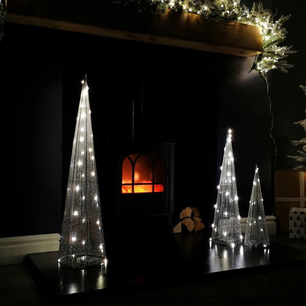 Samuel Alexander LED Tree Cone Obelisk Trio with 90 LEDs in Silver