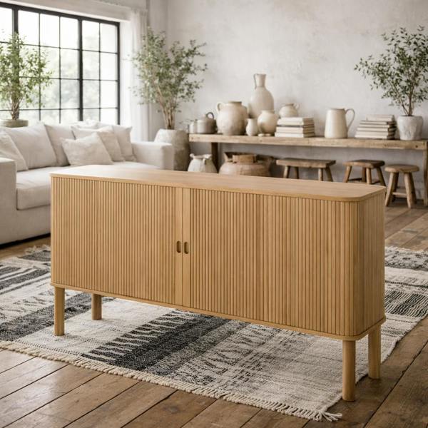Wyld Haus Copenhagen Natural Oak Wooden Etched Sideboard 2 Tambour Doors