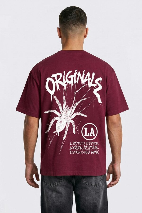 London Attitude Originals Oversized Heavyweight Spider Graphic T-Shirt - Burgundy