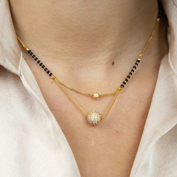 The Colourful Aura Indian Gold Plated Double Layer Black Zircon Ball Mangalsutra Minimalist Nazaria Necklace - White
