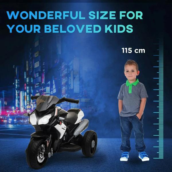 Kids three-wheel electric motorcycle ride-on toy, black with white front lights, with child