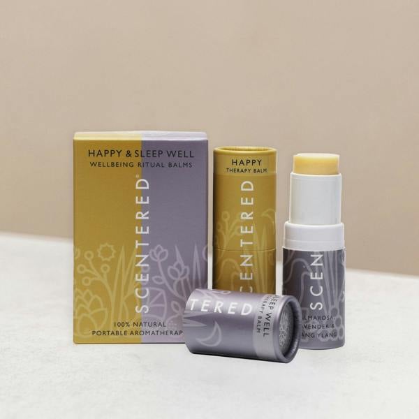 Scentered wellness ritual balms including happy and sleep well balm.