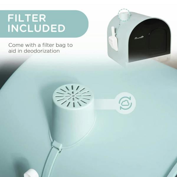 Mint hooded cat litter box with included filter bag area and vented side cover