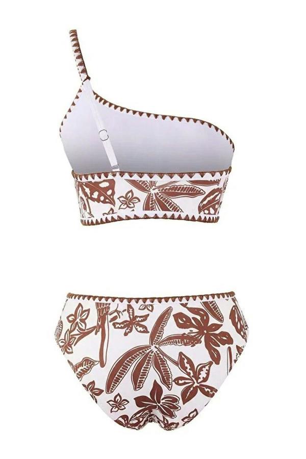 WOVCOR Tropical Pattern Embroidered One-Shoulder Covered High-Waisted Regular Bikini Set