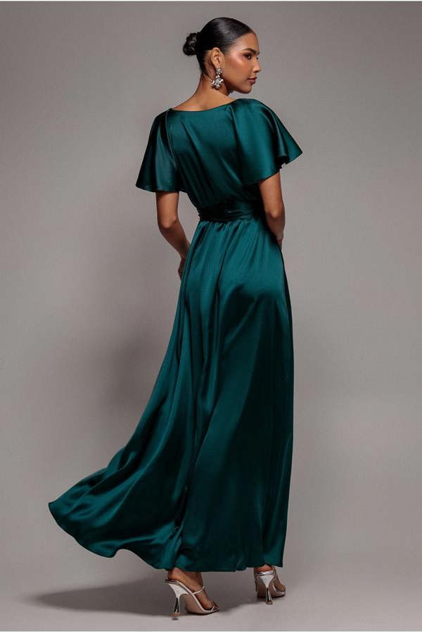 Satin Flutter Sleeve Wrap Maxi Dress - Emerald Green DR3640