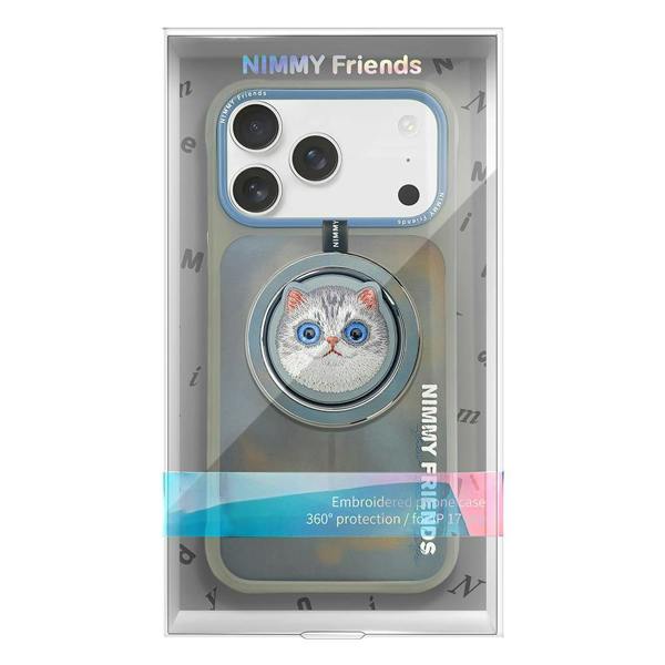 Nimmy Friends Nimmy Big Eye Cute Pet Silver Shaded Cat Face Case with Detachable MagSafe Grip for iPhone 17 Pro 6.3" Grey Blue