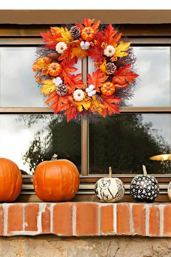 Living and Home 55cm Artificial Fall Wreath for Front Door Rustic Autumn Wreath with Light, Pumpkin, Cotton, Pine Cone,Maple Leaf