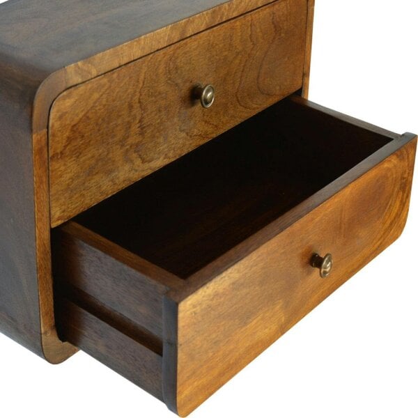 Wyld Haus Monforte Floating Curved Chestnut Mango Wood Bedside Table 2 Drawers