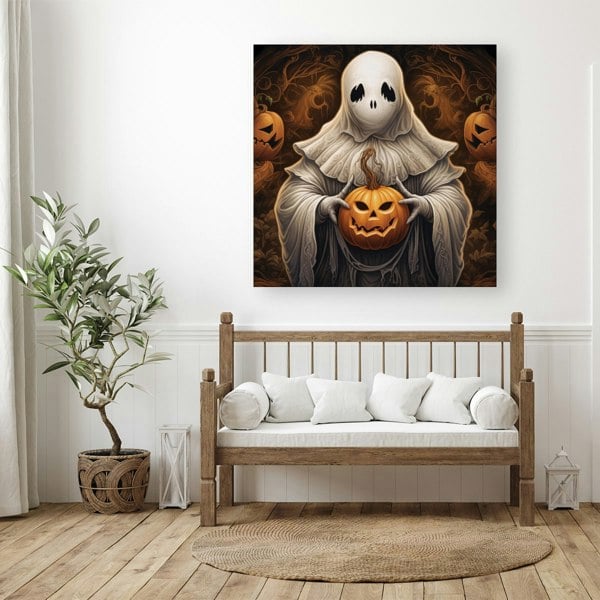 Warren Reed Spooky White Ghost Holding Pumpkin Canvas