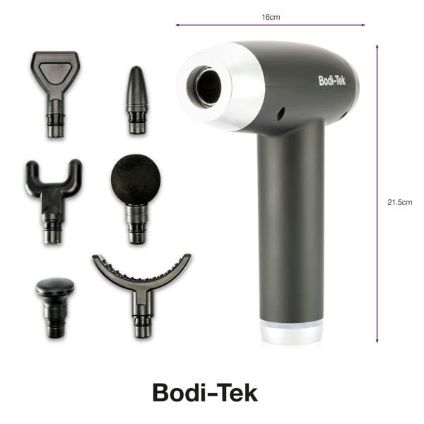 The Deep Tissue Sports Massage Gun, shown with six interchangeable head attachments, measures 16cm wide and 21.5cm tall—perfect for deep tissue massage and muscle recovery.