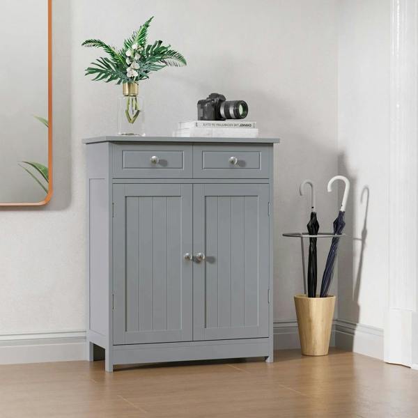 Grey freestanding bathroom cabinet with two drawers and double doors, metal handles