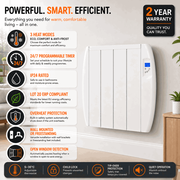 MYLEK Panel Heater Radiator 1000W Electric with Programmable Digital Timer