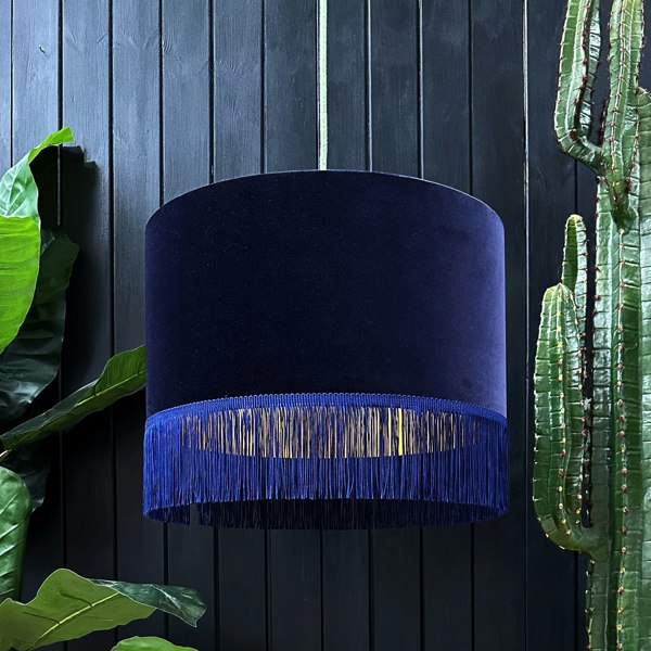 love frankie indigo velvet lampshade with gold lining and fringing