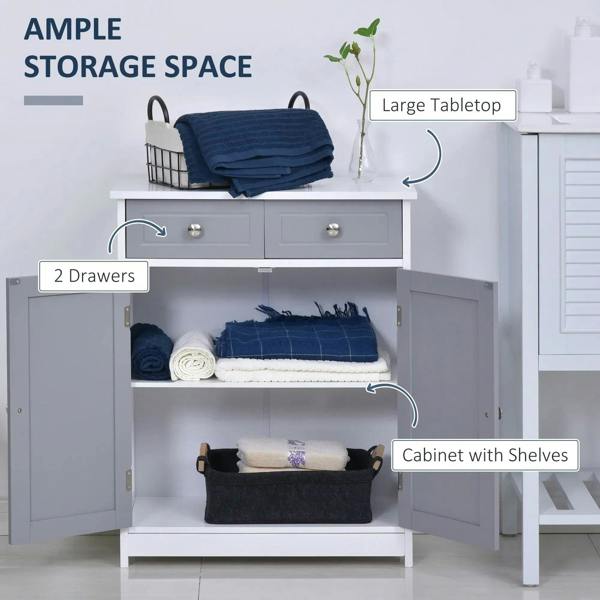 Bathroom storage cabinet with open shelves and two drawers, grey doors with silver knobs