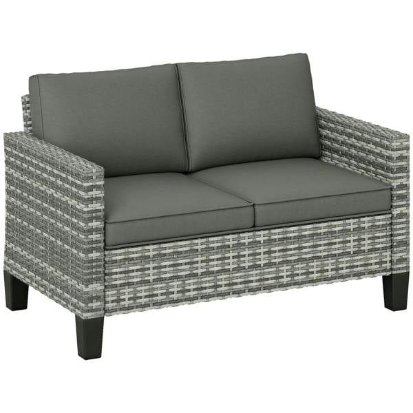 Light grey two-seater rattan outdoor sofa with grey seat and back cushions