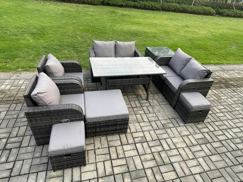 Fimous 9 Seater Grey Rattan Outdoor Lounge Set - Rectangular Table, Reclining Chairs, 3 Stools & Side Table