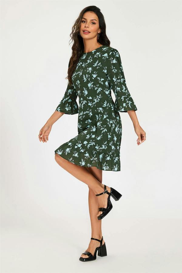 FS Collection Floral Print Frill Detail Mini Dress In Green