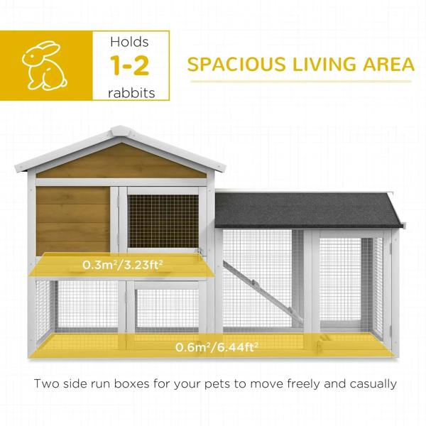 Yellow double-tier rabbit hutch with ramp, spacious wire run areas and dark roof