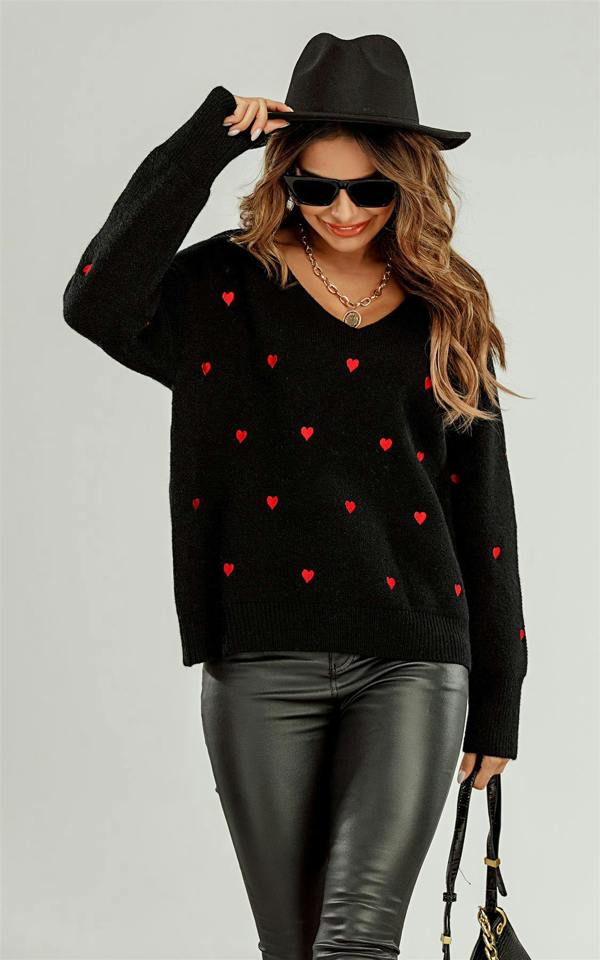 FS Collection Embroidery Red Heart V Neck Jumper In Black