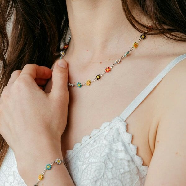 The Colourful Aura Silver Colourful Daisy Sun Flower Charms Indie Summer Boho Choker Necklace