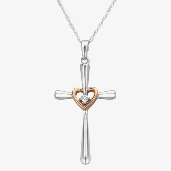 T. H. Baker 9ct Two Tone Gold 0.01ct Diamond Cross And Heart Pendant TH0121843