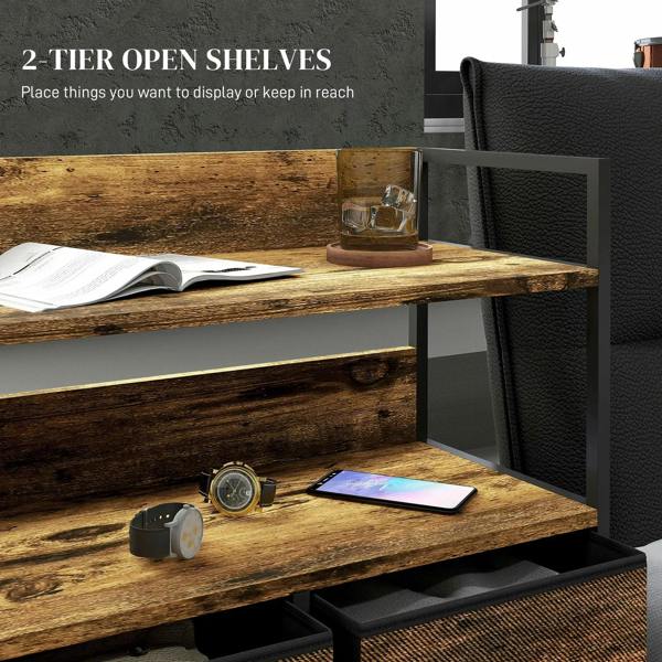 Rustic open-shelf storage top with five fabric drawers, dark metal frame and handles