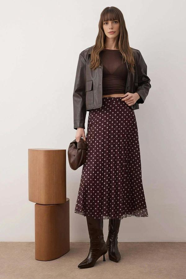 WOVCOR Polka Dot Lined Chiffon Pleated Midi Skirt