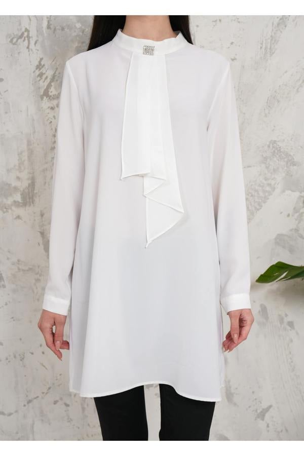 Hoxton Gal Oversized Long Sleeves Brooch Detailed Tunic in White