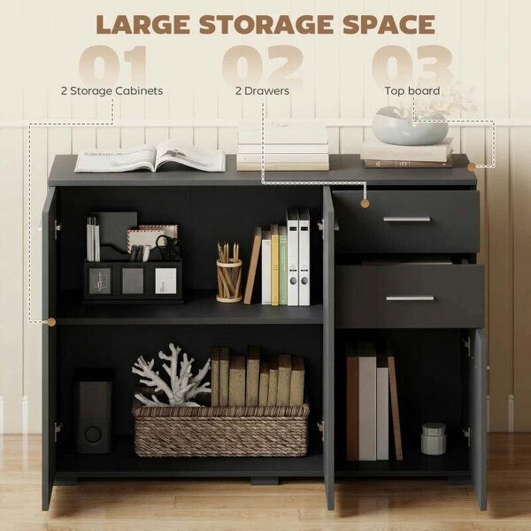 Sideboard, Modern Storage Cabinet with 2 Drawers, 3 Doors and Adjustable Shelves, Black