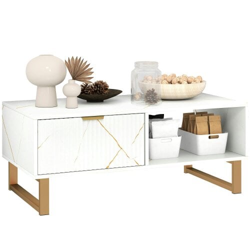 Wyld Haus Lima Wooden White Marble Effect and Gold Coffee Table With 2 Storage Drawers