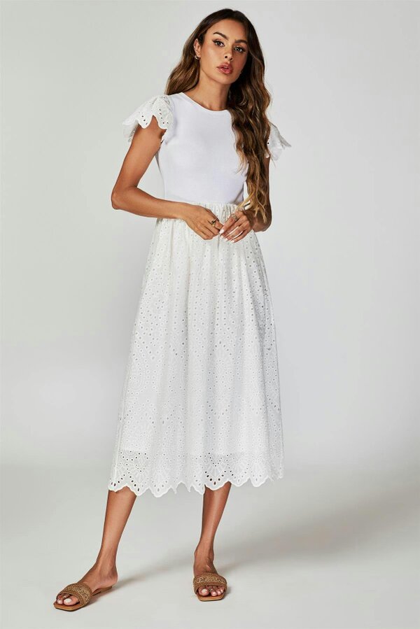FS Collection Jersey Broderie Midi Dress In White