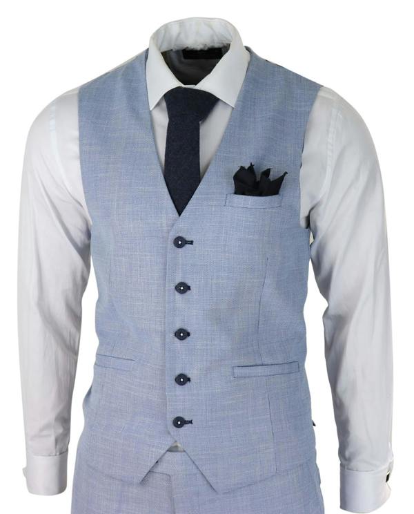 House of Cavani Mens 3 Piece Linen Suit Light Blue Summer Tailored Fit Wedding Prom Classic Suit