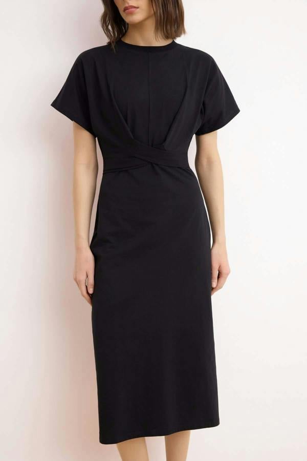 WOVCOR Batwing Sleeve Bodycon Midi Dress with Tie Waist Detail