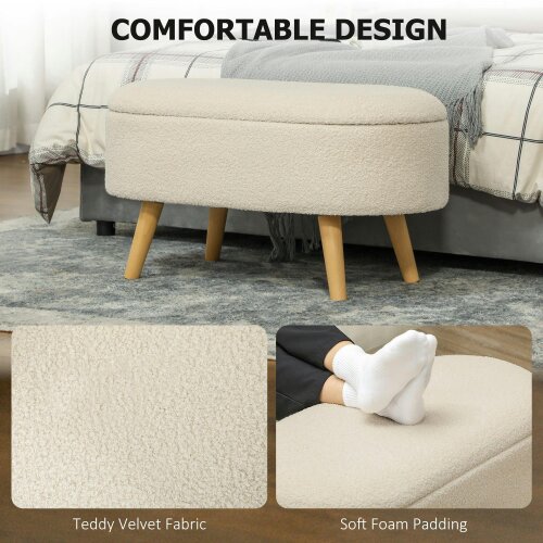 Wyld Haus Molasa Boucle Cream White Storage Ottoman Teddy Fleece Natural Wooden Legs