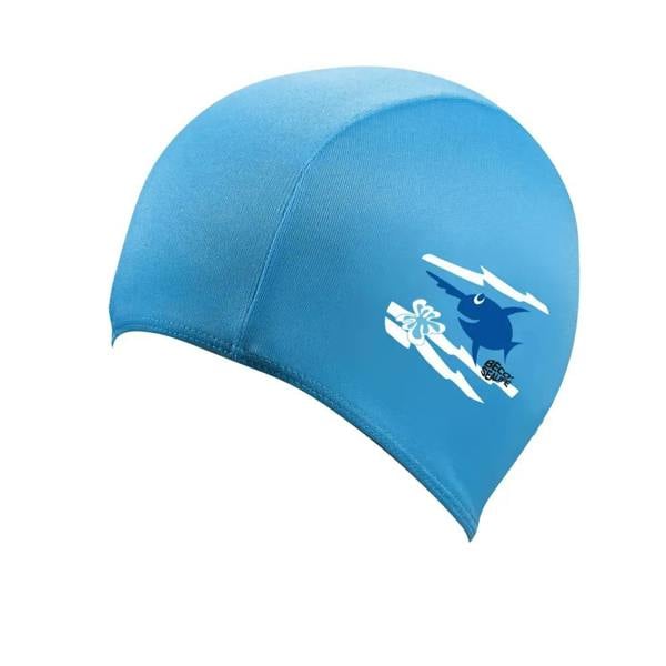 BECO Sealife junior swimming cap with blue shark design and white surfboard